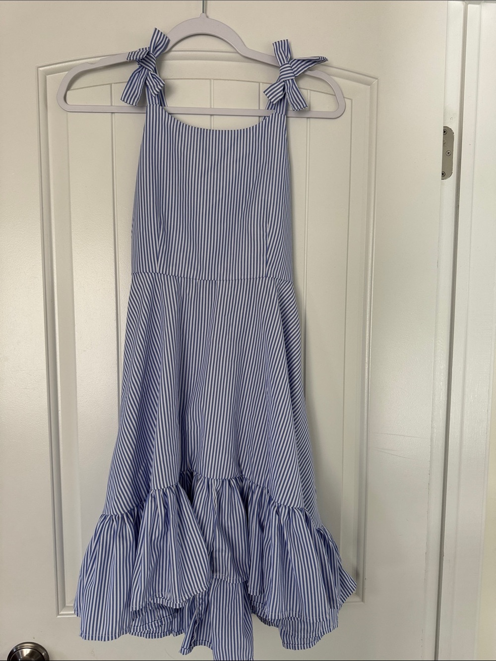 Habitual Blue and White Striped Tie-Shoulder Ruffle Dress